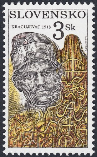 Eslovaquia (1998), Kragujevac 1918, Viktor Kolibrik. Diseño y grabado de Rudolf Cigánik. Calcografía y huecograbado