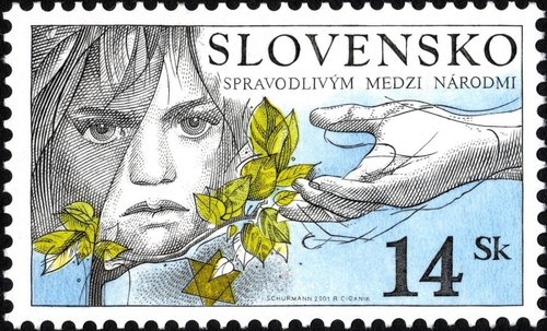 Eslovaquia, 2001. Premio &quot;Justo entre las Naciones&quot;. Diseño de Ivan Schurmann. Calcografía y huecograbado