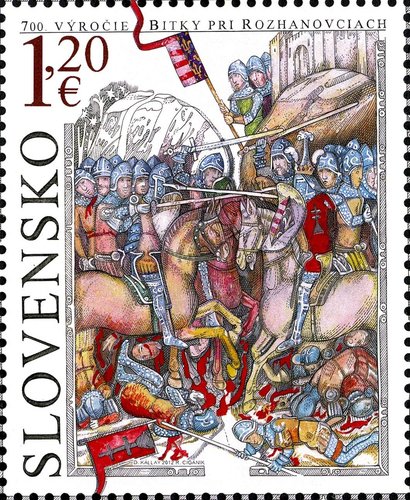 Eslovaquia, 2012, 700 Aniversario de la Batalla de Rozgony. Diseño de Dušan Kállay y grabado de Rudolf Cigánik. Calcografía y offset