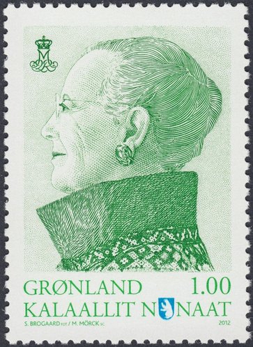 Groenlandia, serie básica 2012-2016. Reina Margrethe II. Grabado de Mörck a partir de una fotografía de S. Brogaard