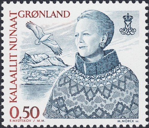 Groenlandia, 2000-2001, Reina Margrethe II, uno de los varios valores emitidos. Diseño y grabado de Mörck a partir de una fotografía de Rigmor Mydtskov