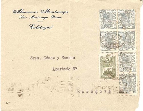 Carta - Calatayud-Zaragoza - Franqueo seis especiales moviles mas vineta pro avion Zaragoza.jpg