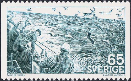 Pesca con red, grabado por Jakuš a partir de una fotografía de Walter Hedén. Suecia, 1974