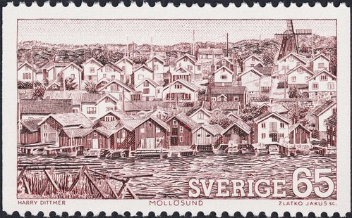 Vista de Mollösund, pueblo de pescadores. Suecia, 1974