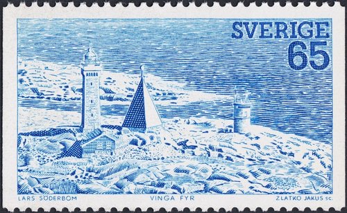 Suecia, 1974, faro de la isla de Vinga, en Göteborg. Grabado de Jakuš a partir de una fotografía de Lars Söderbom