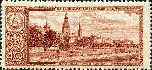 Riga, Letonia, vista desde el río Dvina. Grabado de  Iván Sapronov