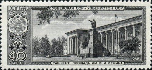 Taskent, la capital de Uzbekistán. Estatua de Lenin. Grabado de Vladimir Smirnov