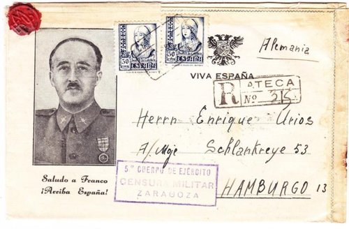 Carta - Certificada - Ateca-Hamburgo - Censura Militar Zaragoza 5º Cuerpo de Ejercito Anverso.jpg