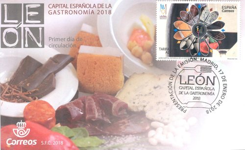 2018-01-17. León. Capital Española de Gastronomía. Presentación. 2018-01-19. Sobre matasellado. Baja.jpeg