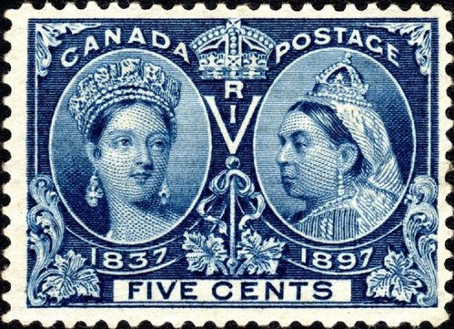 Uno de los valores de la emisión de 1897 de la reina Victoria, que inspira el diseño de la de 2012 de Isabel II
