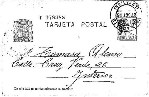 Ordinario. Puente. Correos. Valladolid. Estación. 1936-10-27. Tarjeta postal. Anverso.jpg