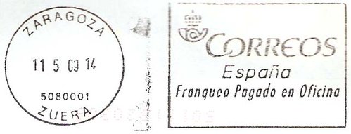 Franqueo Pagado Oficina - Rodillo tipo MON - ZARAGOZA 11 5 09 5080001 ZUERA.jpg