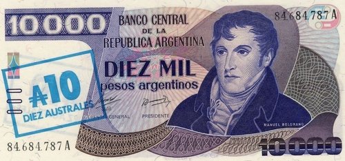 Anverso del billete argentino resellado de 10.000 pesos, 1985. Retrato de Manuel Belgrano grabado por Jorge Nicastro