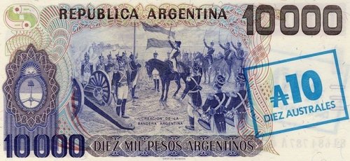Viñeta del reverso grabada por María Adelma Cabrera, con &quot;La creación de la bandera argentina&quot;, obra de  Eugenio Álvarez Dumont. Billete de 10.000 pesos de 1985
