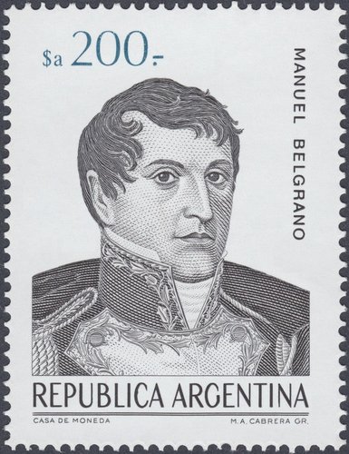 Argentina, 1984, retrato de Manuel Belgrano. Grabado de María Adelma Cabrera