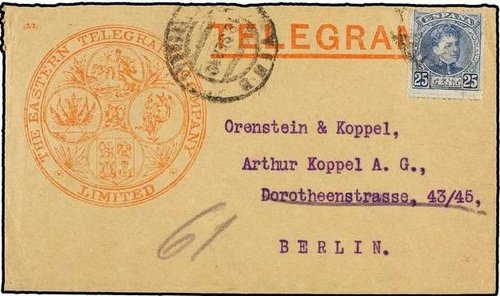 1920. VIGO a BERLÍN. 25 cts. azul. TELEGRAMA de la EASTERN TELEGRAPH COMPANY. RARÍSIMO, primera vez que vemos un sobre de telegrama usado en esta emisión. REC.jpg