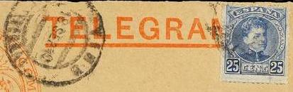 1920. VIGO a BERLÍN. 25 cts. azul. TELEGRAMA de la EASTERN TELEGRAPH COMPANY. RARÍSIMO, primera vez que vemos un sobre de telegrama usado en esta emisión. DET.jpg