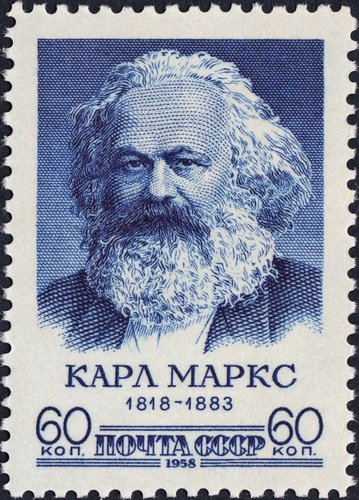 Unión Soviética, 1958, 140 aniversario del natalicio de Karl Marx. Uno de los tres valores de la emisión. Diseño de Iván Dubásov y grabado de Tatyana Nikitina