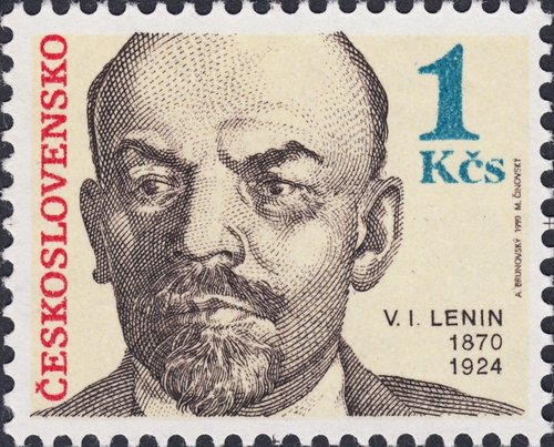 Sello de Lenin emitido por Checoslovaquia en 1990, formando parte de una serie de seis personalidades diseñada por Albín Brunovský. Grabado de Martin Činovský