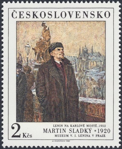 Checoslovaquia, 1985. Diseño y grabado de Miloš Ondráček, a partir de la pintura de 1952 de Martin Sladký, &quot;Lenin en el puente de Carlos&quot;