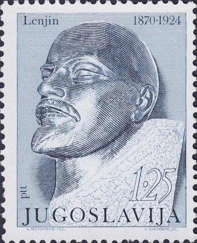 Yugoslavia, 1970, centenario del natalicio de Lenin. Diseño de Andreja Milenković desde una obra de S. Stojanović. Grabado de Velibor Cvetković