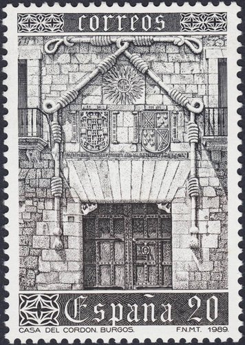 Casa del Cordón, Burgos. España, 1989.  Premio Internacional al Mejor Sello Calcográfico. Grabado de Antonino Sánchez Gutiérrez