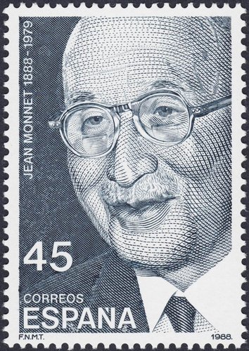 España, 1988, retrato de Jean Monnet. Grabado de Antonino Sánchez