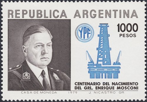 Argentina, 1979, General Enrique Mosconi. Grabado de Jorge Nicastro