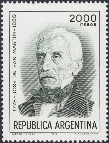 Argentina, 1978. Retrato del  General José de San Martín. Sello grabado por María Adelma Cabrera