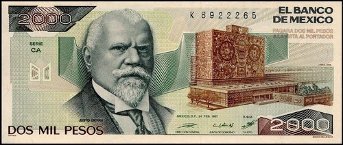 El gran billete de México (1983-89) de 2000 pesos dedicado a Justo Sierra. Diseño de Raymundo Santana y grabado de las viñetas del anverso de Jorge Peral
