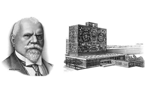 El retrato de Justo Sierra y la viñeta del edificio de la Biblioteca Central de la UNAM grabados por Jorge Peral para su primer billete mexicano