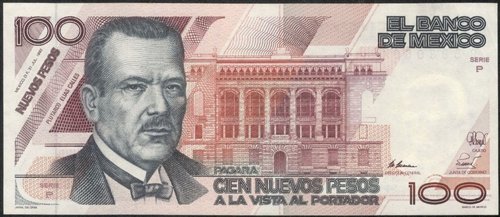 México, 100 Nuevos Pesos de 1992, el mismo billete de cuatro años antes con diferente cifra facial. Retrato grabado por Jorge Peral