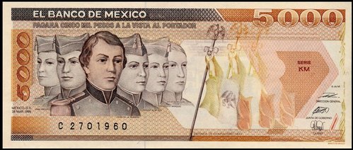 Billete mexicano de finales de los años ochenta, cuya viñeta con Los “Niños Héroes de Chapultepec” grabó Jorge Peral