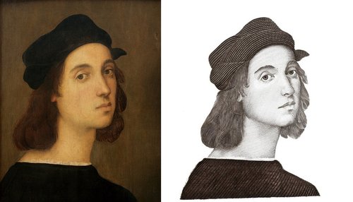 Autorretrato de Rafael (1506) grabado a buril por Sergio Pilosio. Este mismo retrato lo grabó Trento Cionini para su último billete italiano (1997)