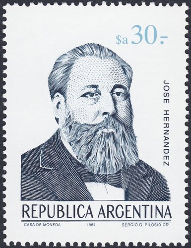 Argentina, 1984, José Hernández, autor del &quot;Martín Fierro&quot;. Sello grabado por Sergio Pilosio
