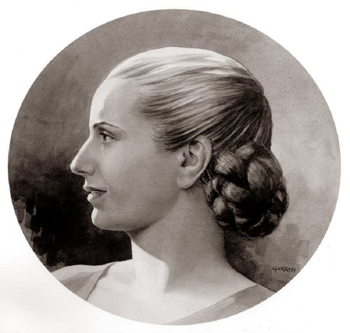 Acuarela original de Renato Garrasi del perfil de Eva Perón, 1952