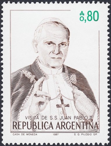 Argentina, 1987, uno de los dos sellos de la emisión dedicada a Juan Pablo II. Sello grabado por Sergio Pilosio; el otro sello, igualmente magistral, lo grabó María Adelma Cabrera, y lo expusimos al detalle hace muchas páginas