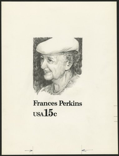 Diseño definitivo del sello dedicado a Frances Perkins, retratada a lápiz por Ferdinand Ralph Petrie