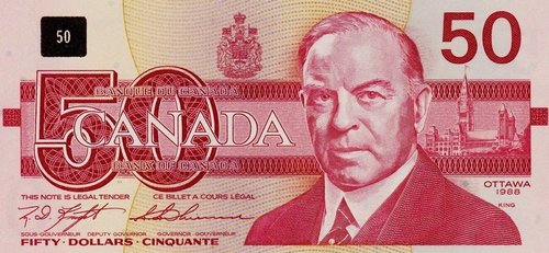 Billete de Canadá (1989) perteneciente a la Birds Series de 1986. Retrato de William Lyon Mackenzie King grabado por Hipschen