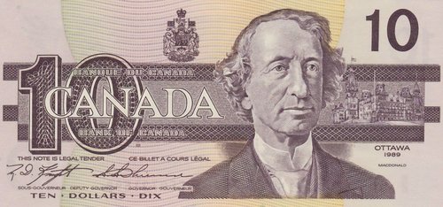 Billete de Canadá de 1989. Retrato de Sir John A. Macdonald grabado por Hipschen