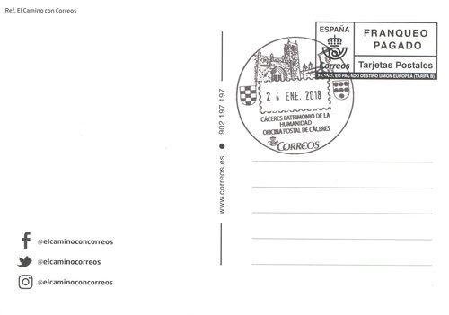 Matasellos turístico. Oficina postal de Cáceres. Cáceres Patrimonio de la Humanidad. 2018-01-24. Tarjeta Franqueo pagado. El Camino con Correos. Anverso. Baja.jpeg