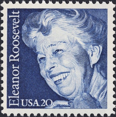 Eleanor Roosevelt. Estados Unidos, 1984. Diseño de Bradbury Thompson y grabado del retrato de Hipschen. Letras y cifra grabadas por Robert G. Culin
