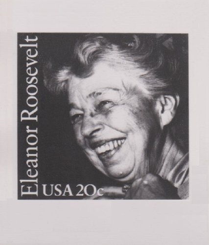 Montaje fotográfico del sello de Eleanor Roosevelt que grabaría Hipschen, en el que podemos ver la instantánea original de David Gurewitsch