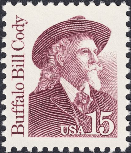 Estados Unidos, 1988, Buffalo Bill. Sello de la serie “Great Americans“.Diseño de Jack Rosenthal. Grabado del retrato de Hipschen. Letras y cifra grabadas por Michael J. Ryan