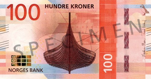 Billete definitivo de 100 coronas, después del diseño final de Arild Yttri y el grabado de Sverre Morken