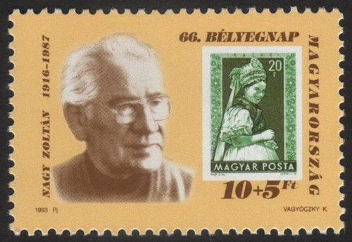 Zoltán Nagy en la emisión con la que Hungría conmemoró en 1993 el Día del Sello. Diseño de Károly Vagyóczky, que tuvo a Nagy como maestro