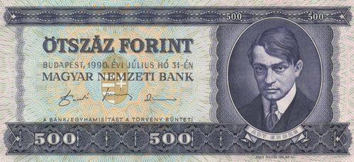 Billete de 500 forintos, perteneciente a una nueva emisión de 1990, que Zoltán Nagy creó a finales de los años sesenta. Ferenc Gál grabó la viñeta del reverso
