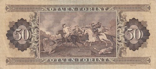 Reverso del billete de 1951 de 50 forintos. Zoltán Nagy grabó la viñeta a partir de la obra anterior