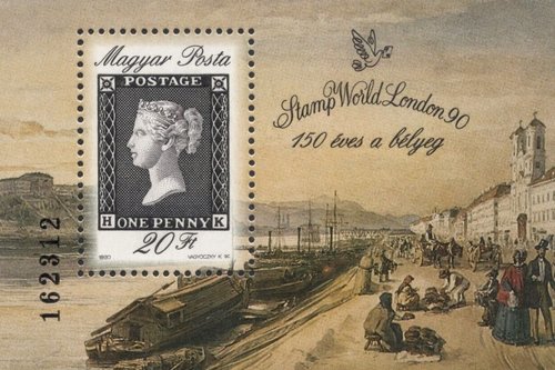 Hungría, 1990, 150 aniversario del primer sello postal. Diseño y grabado de Károly Vagyóczky. Calcografía y offset