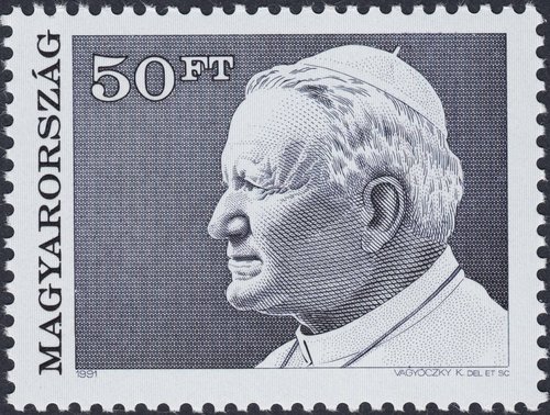 Hungría, 1991, Juan Pablo II, sello emitido originalmente en una hojita. Diseño y grabado de Károly Vagyóczky